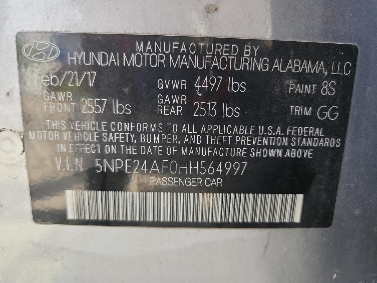 2017 Hyundai Sonata Se VIN: 5NPE24AF0HH564997 Lot: 63200775