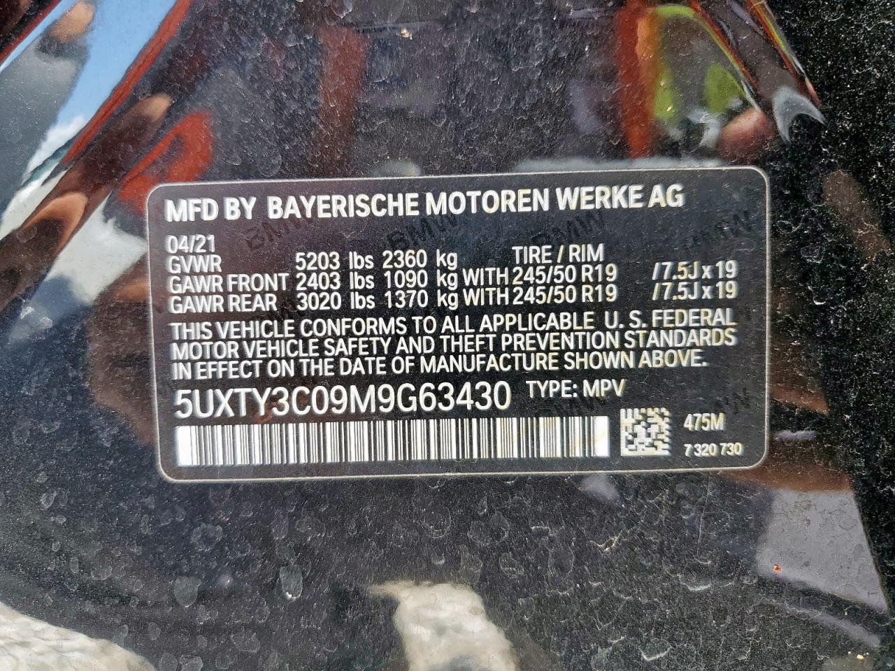 2021 BMW X3 Sdrive30I VIN: 5UXTY3C09M9G63430 Lot: 61004275