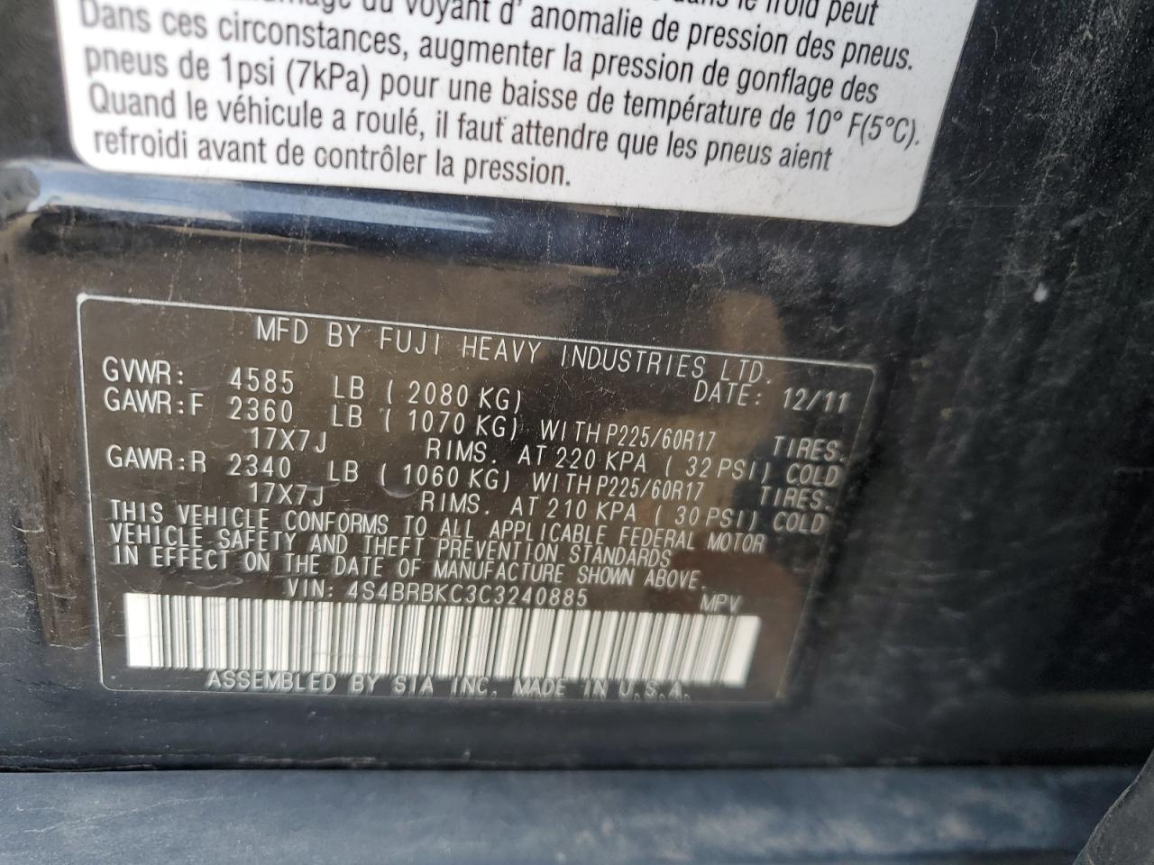 2012 Subaru Outback 2.5I Limited VIN: 4S4BRBKC3C3240885 Lot: 60055645