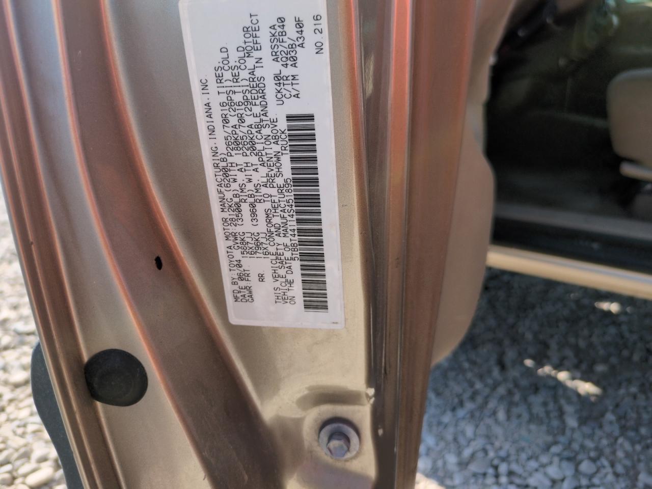 2004 Toyota Tundra Access Cab Sr5 VIN: 5TBBT44114S451895 Lot: 62347105