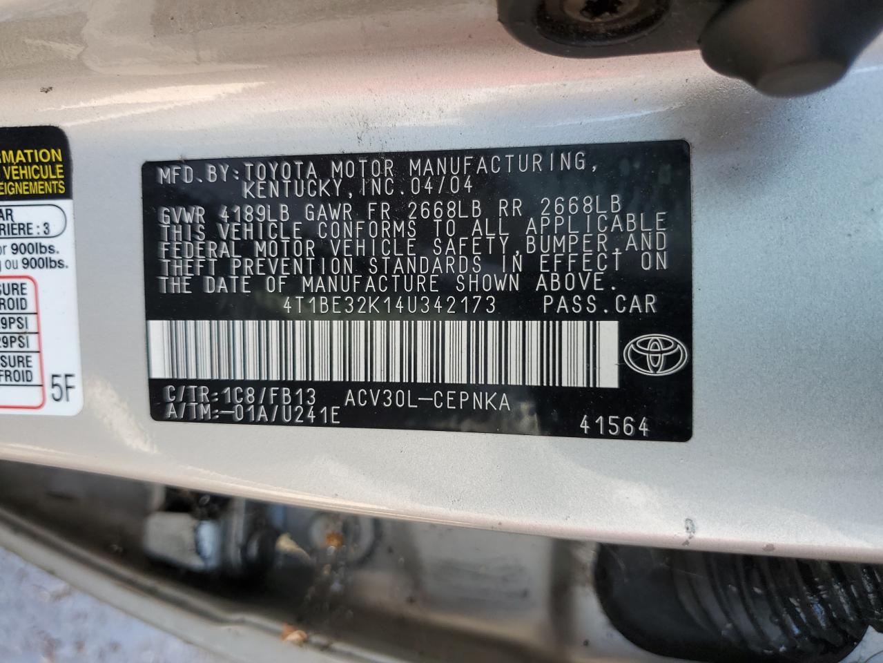 2004 Toyota Camry Le VIN: 4T1BE32K14U342173 Lot: 62712595