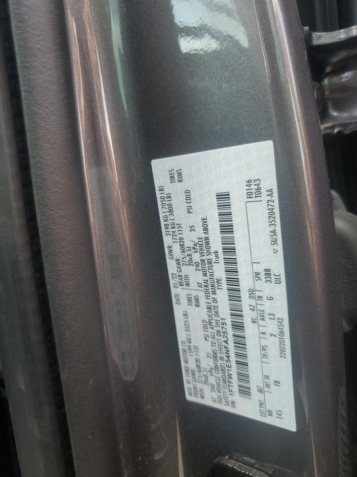 2022 Ford F150 Supercrew VIN: 1FTFW1E54NFA25751 Lot: 61576345