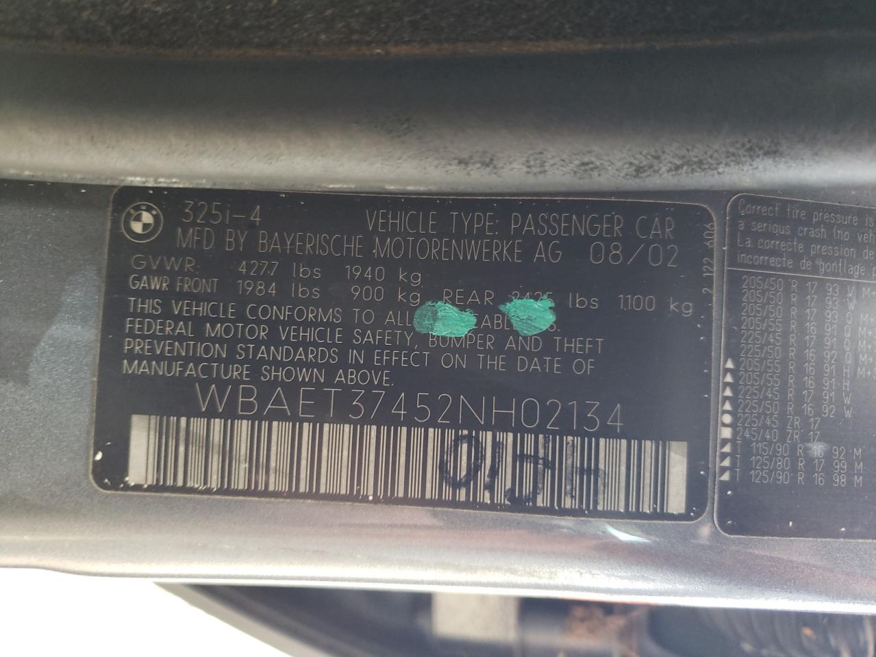 2002 BMW 325 I VIN: WBAET37452NH02134 Lot: 60605885