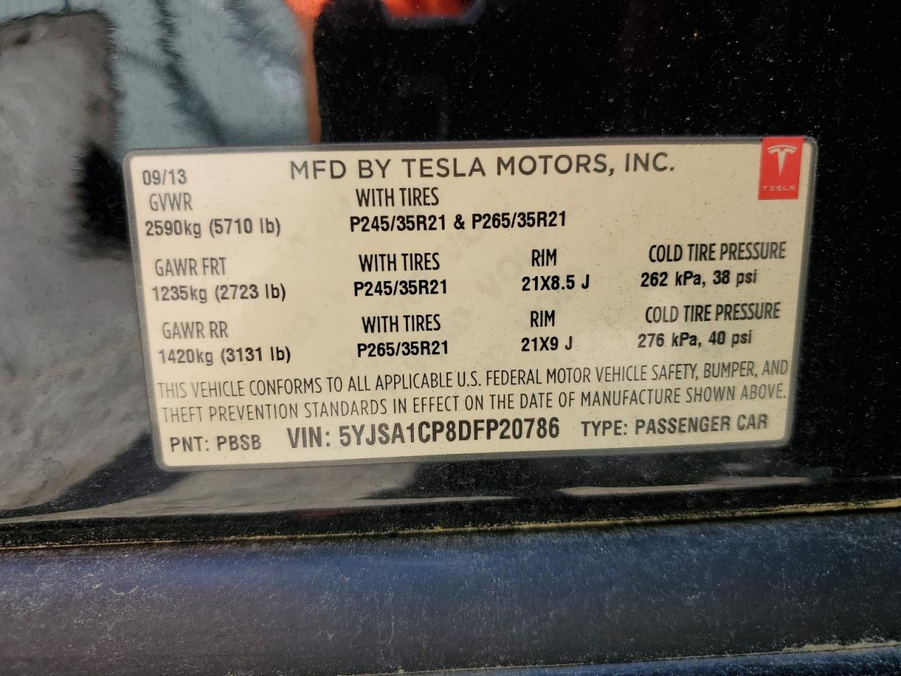 2013 Tesla Model S VIN: 5YJSA1CP8DFP20786 Lot: 61035395
