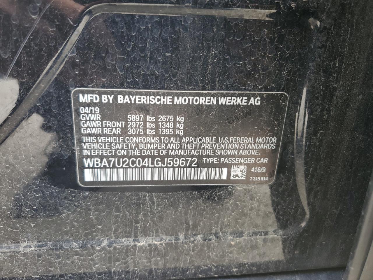 2020 BMW 750 Xi VIN: WBA7U2C04LGJ59672 Lot: 60959675