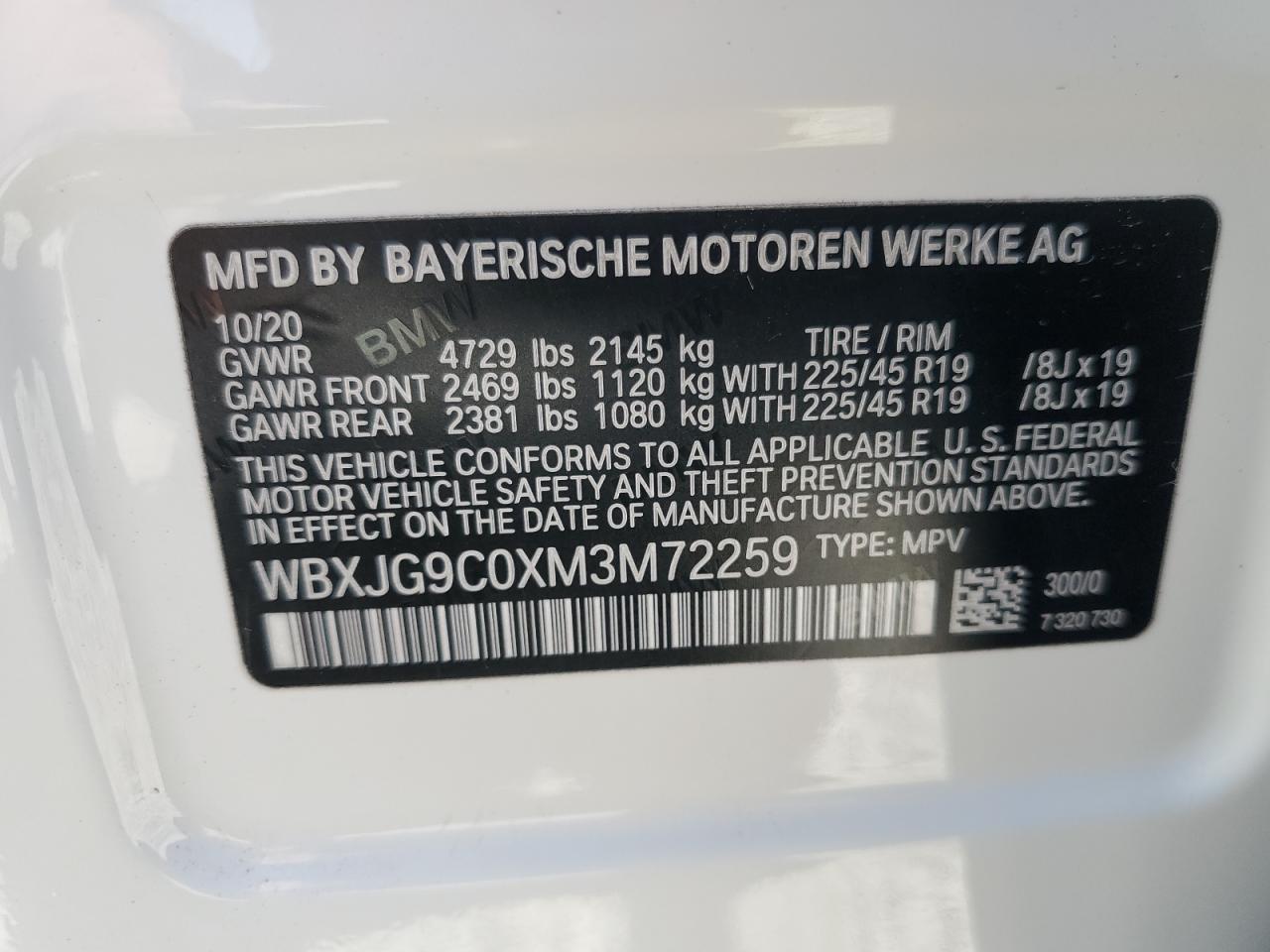 2021 BMW X1 xDrive28I VIN: WBXJG9C0XM3M72259 Lot: 62037915