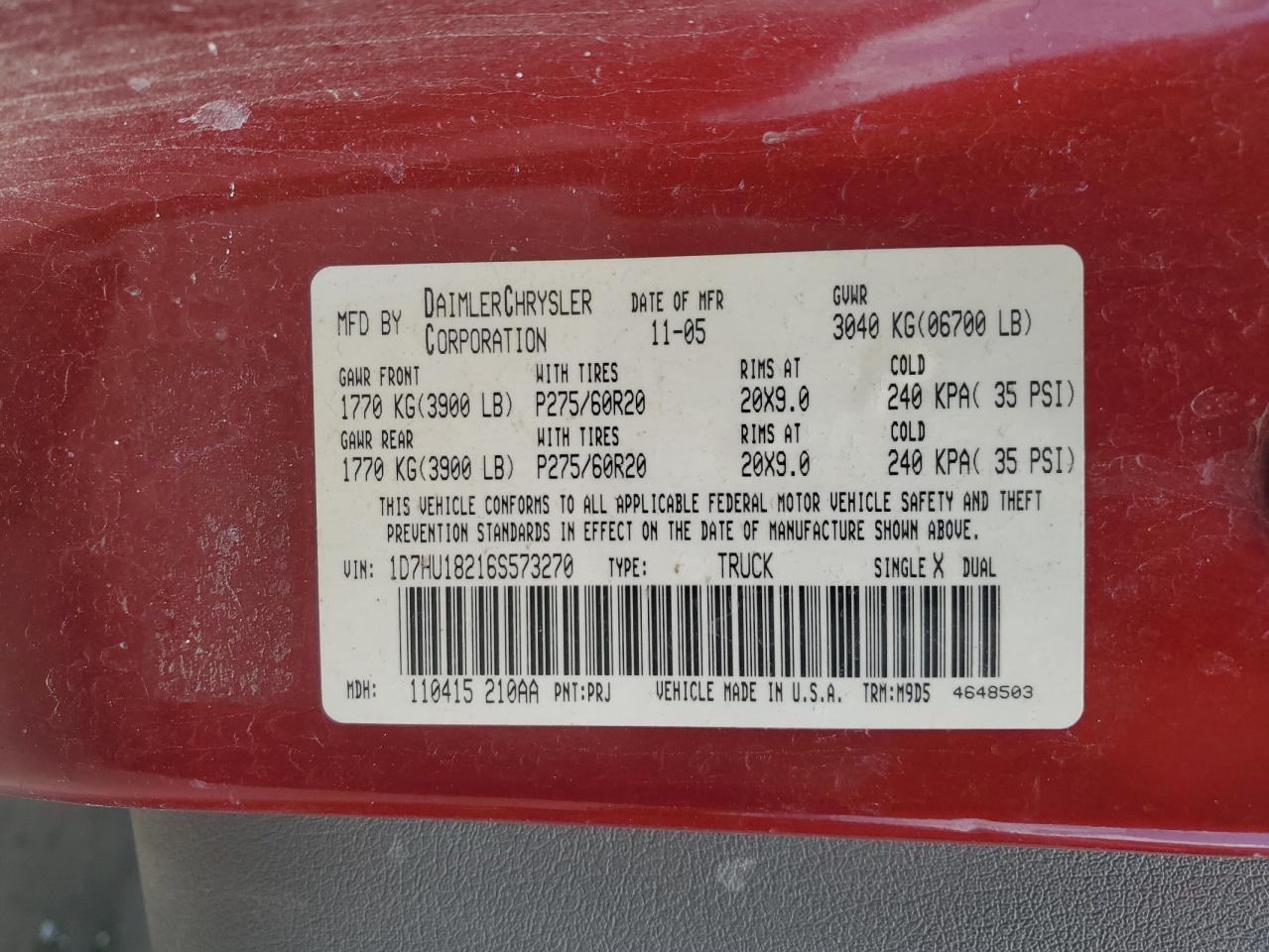 2006 Dodge Ram 1500 St VIN: 1D7HU18216S573270 Lot: 62885405
