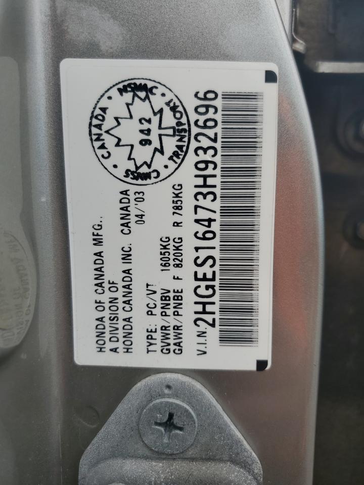 2003 Honda Civic Dx VIN: 2HGES16473H932696 Lot: 59952235