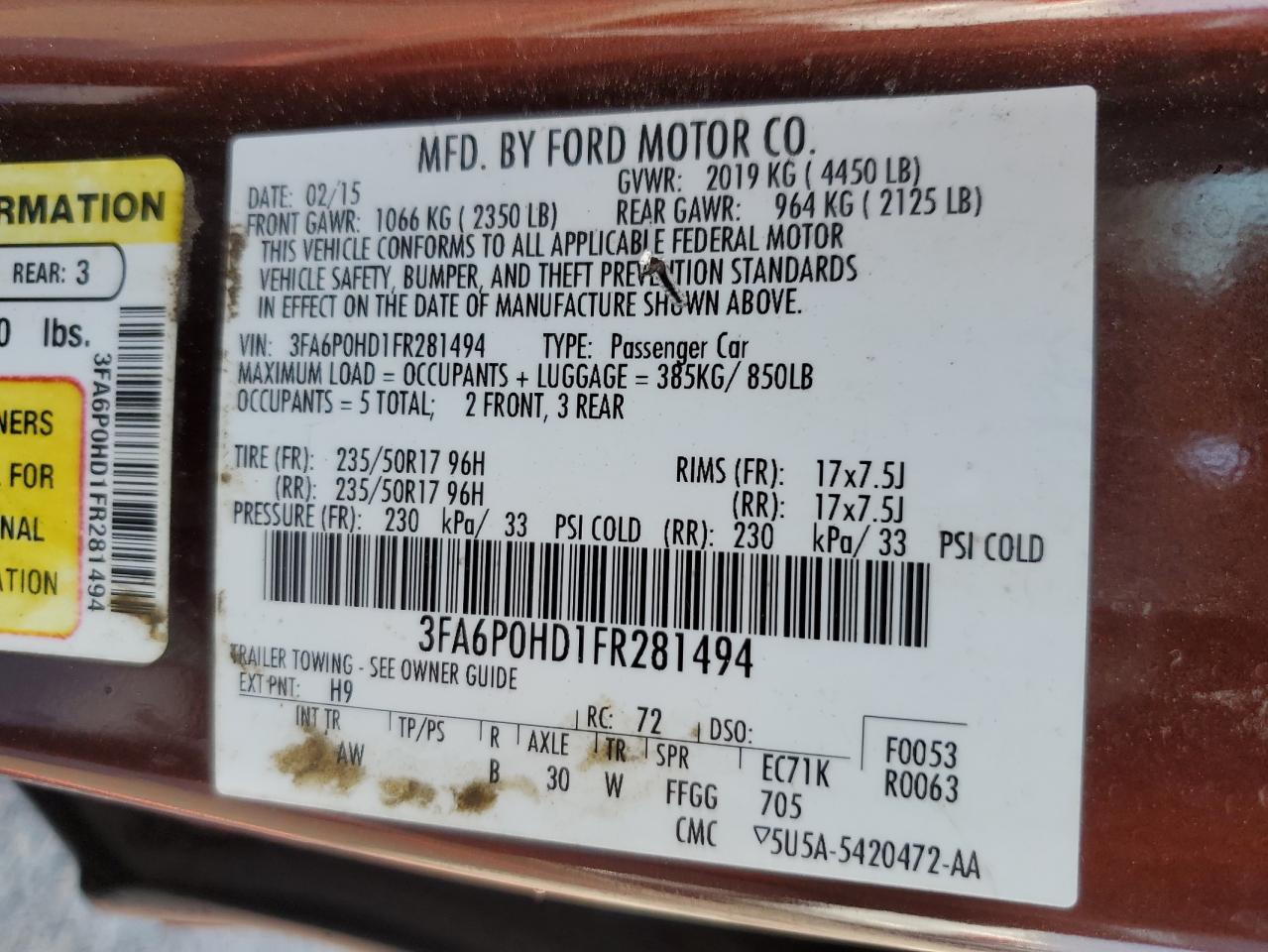 2015 Ford Fusion Se VIN: 3FA6P0HD1FR281494 Lot: 61914405