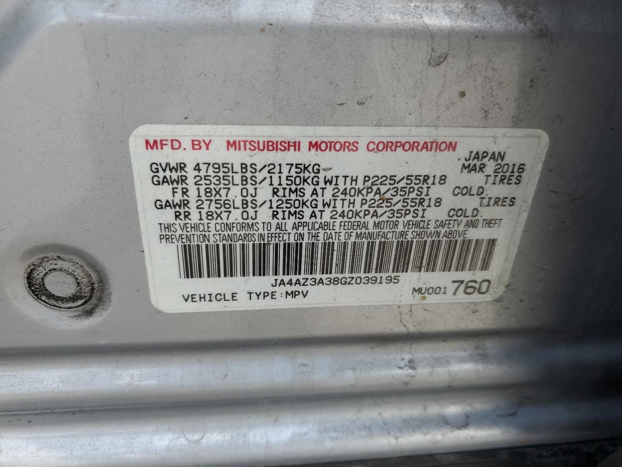 2016 Mitsubishi Outlander Se VIN: JA4AZ3A38GZ039195 Lot: 59016905