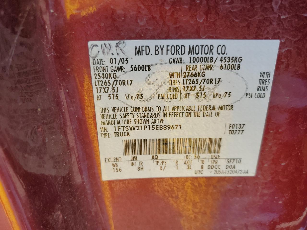 2005 Ford F250 Super Duty VIN: 1FTSW21P15EB89671 Lot: 62573455