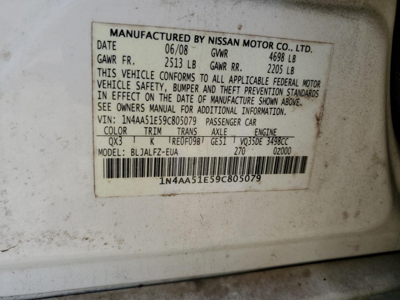 NISSAN MAXIMA 2009 VIN 1N4AA51E59C805079 photo 12