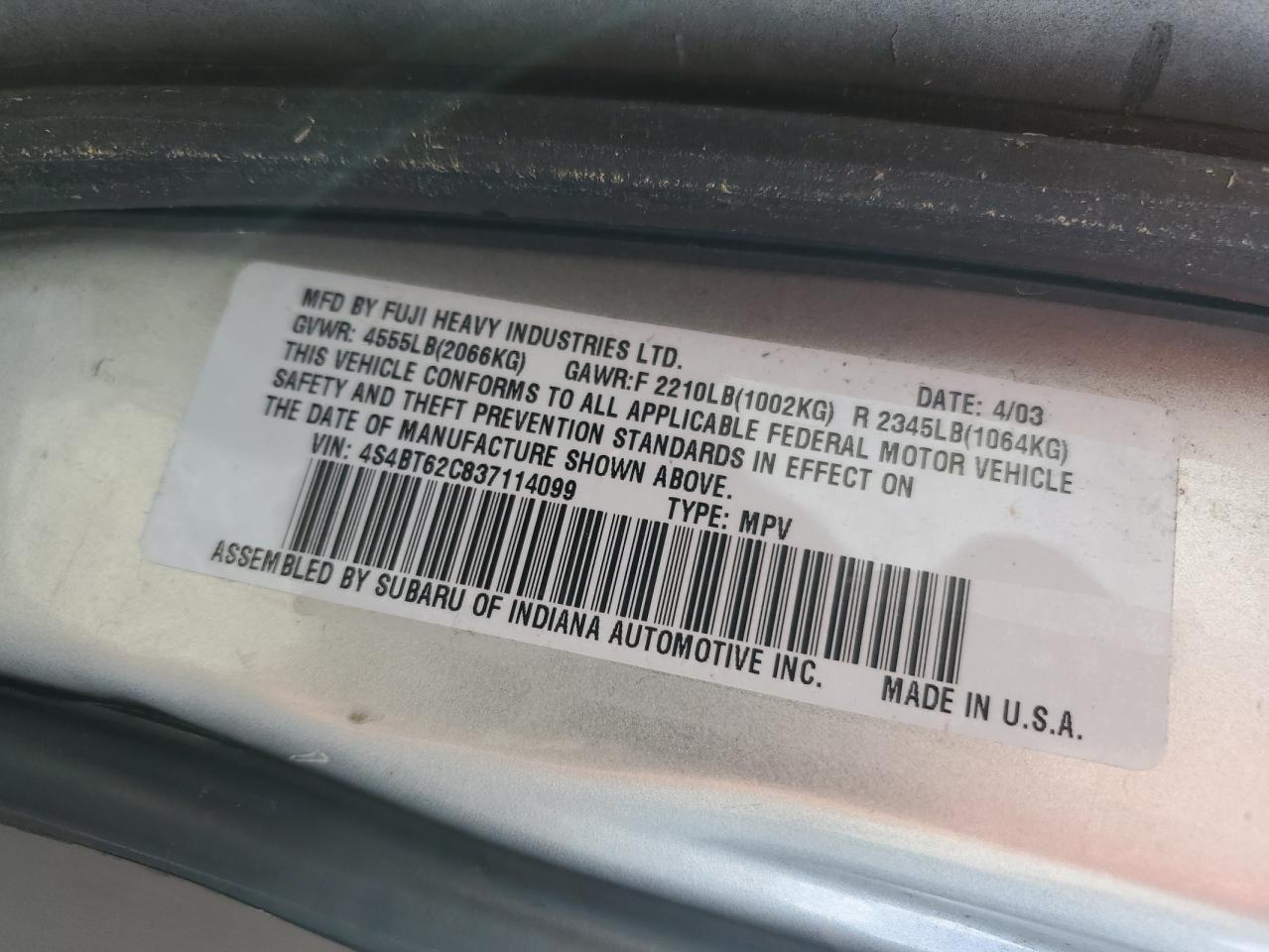 2003 Subaru Baja Sport VIN: 4S4BT62C837114099 Lot: 61437435