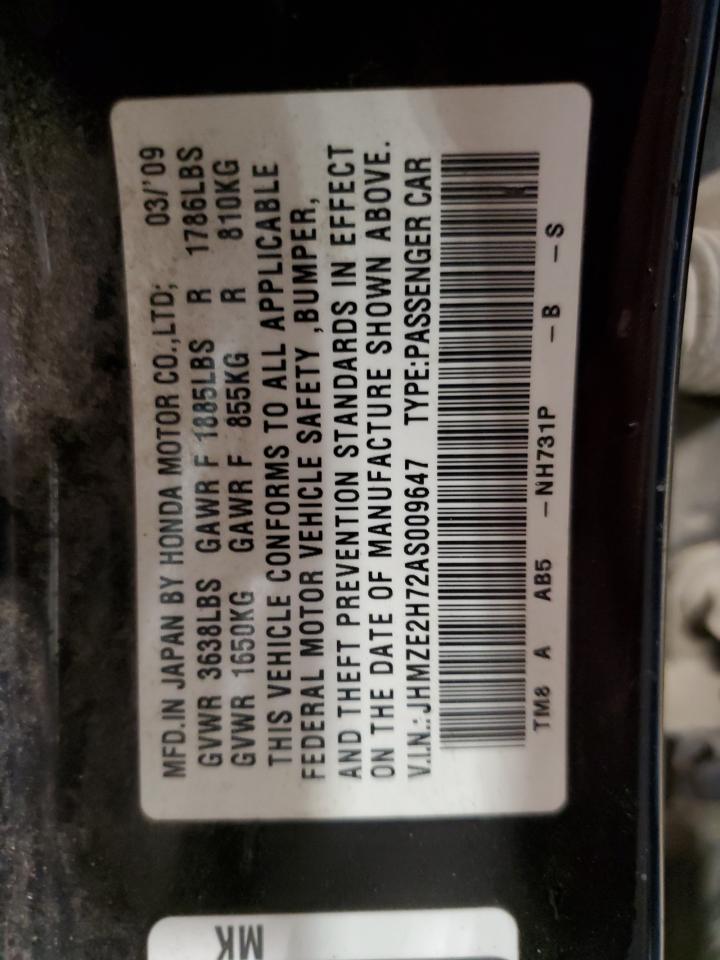 2010 Honda Insight Ex VIN: JHMZE2H72AS009647 Lot: 60079205