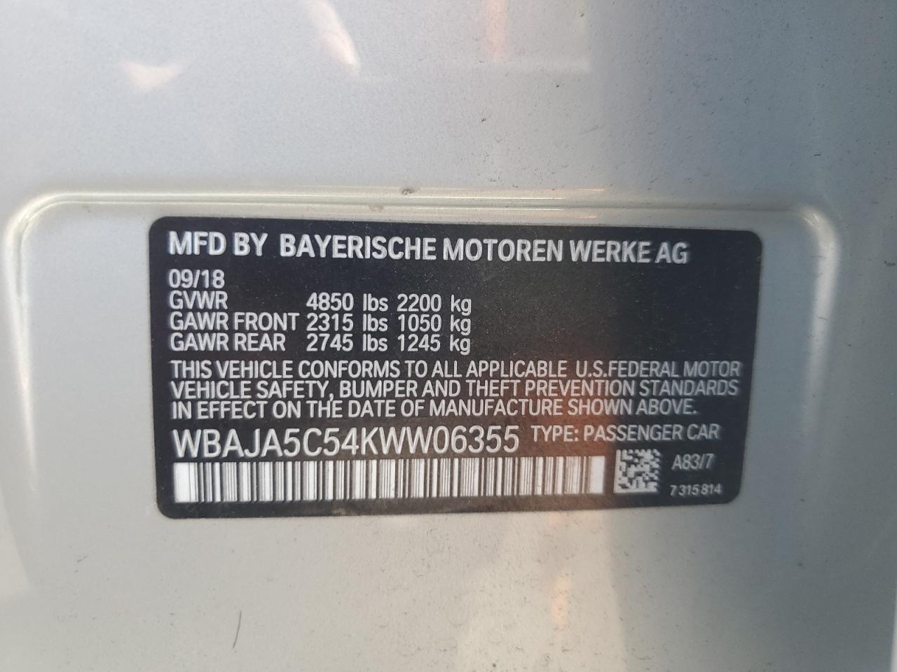 2019 BMW 530 I VIN: WBAJA5C54KWW06355 Lot: 62758945