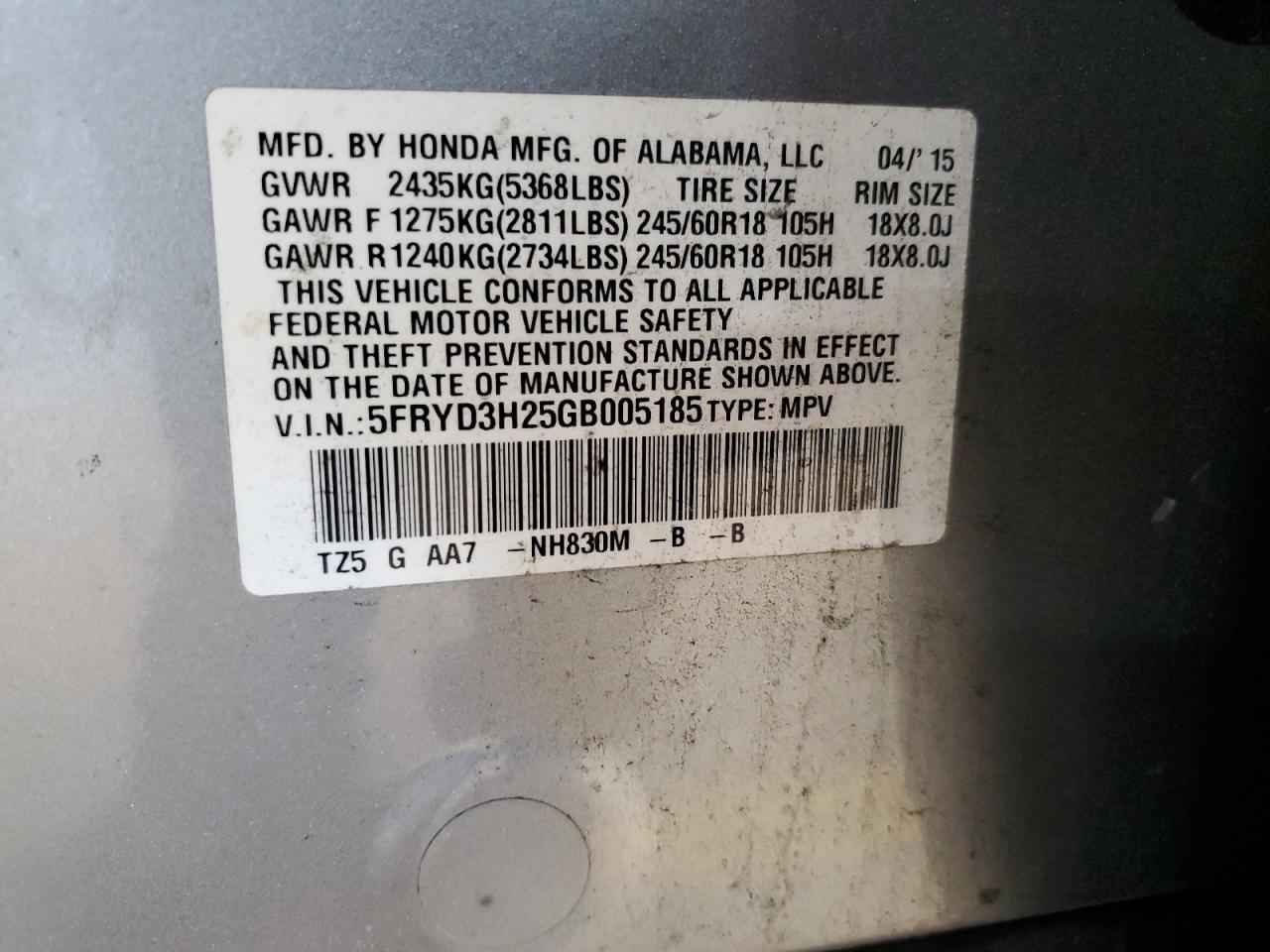 2016 Acura Mdx VIN: 5FRYD3H25GB005185 Lot: 59542825