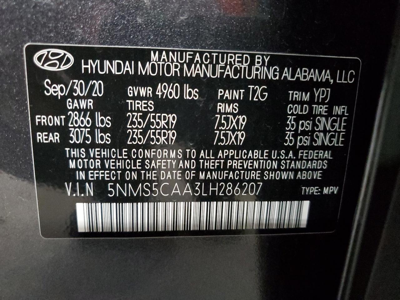 2020 Hyundai Santa Fe Limited VIN: 5NMS5CAA3LH286207 Lot: 61013185