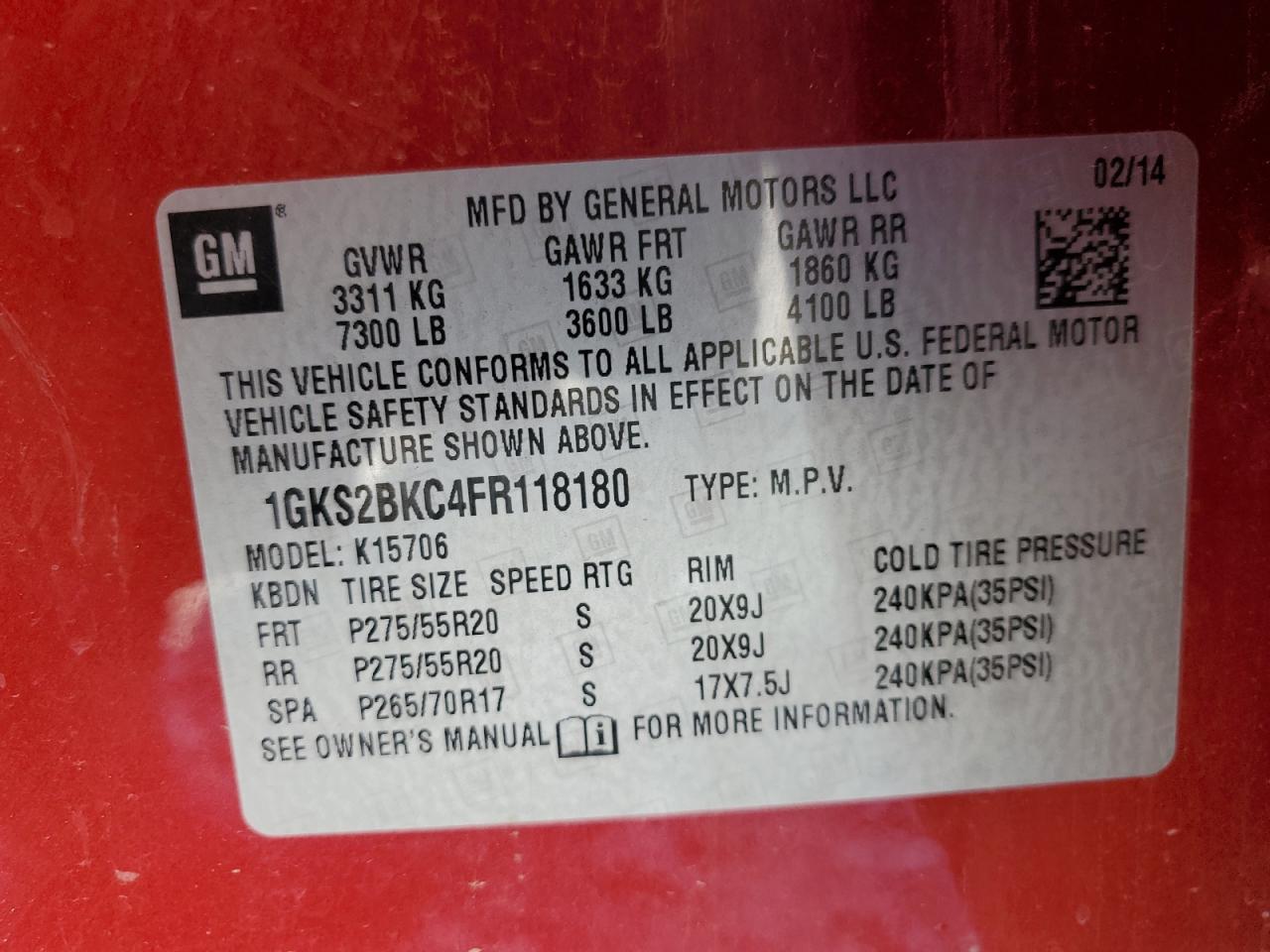 2015 GMC Yukon Slt VIN: 1GKS2BKC4FR118180 Lot: 60746965