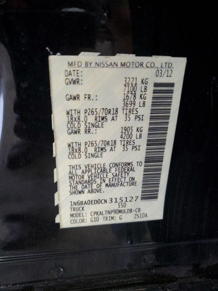 2012 Nissan Titan S VIN: 1N6BA0ED0CN315127 Lot: 59840815