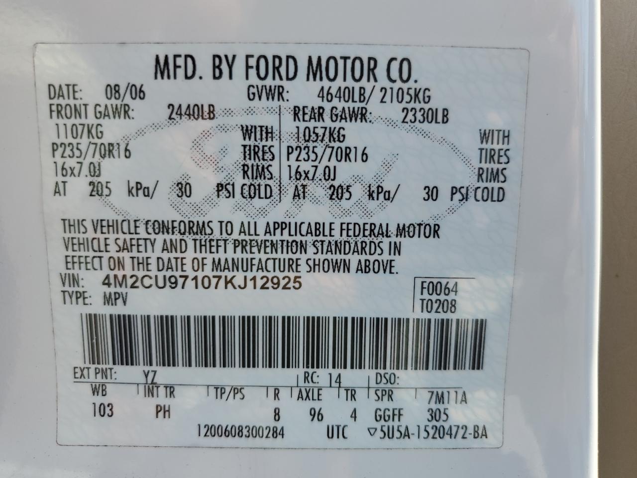 2007 Mercury Mariner Premier VIN: 4M2CU97107KJ12925 Lot: 62371895