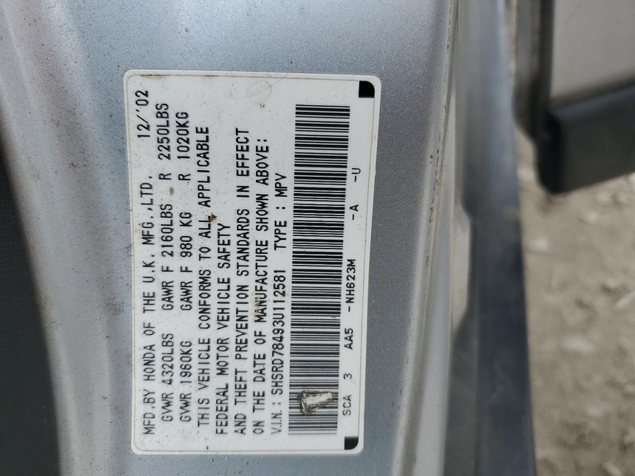 2002 Honda Cr-V Lx VIN: SHSRD78493U112581 Lot: 60794555