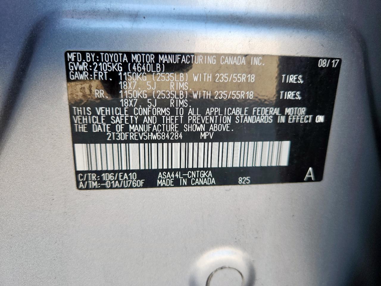 2017 Toyota Rav4 Limited VIN: 2T3DFREV5HW684284 Lot: 62855025