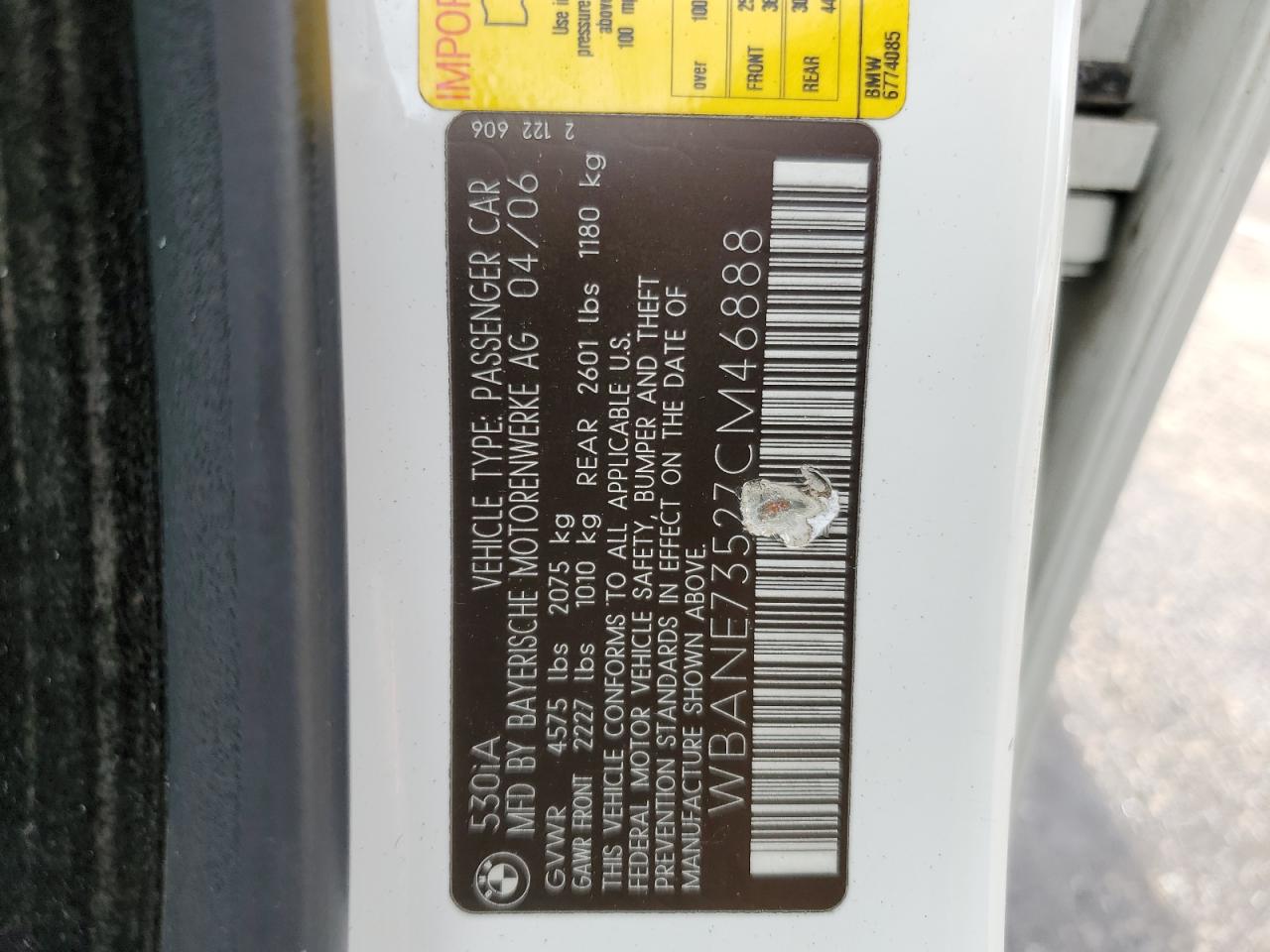 2007 BMW 530 I VIN: WBANE73527CM46888 Lot: 61506645