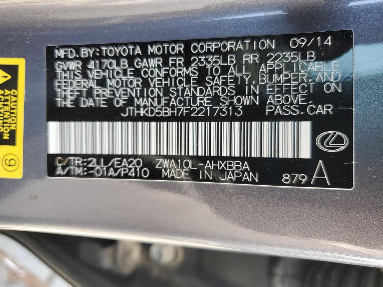 2015 Lexus Ct 200 VIN: JTHKD5BH7F2217313 Lot: 61275855