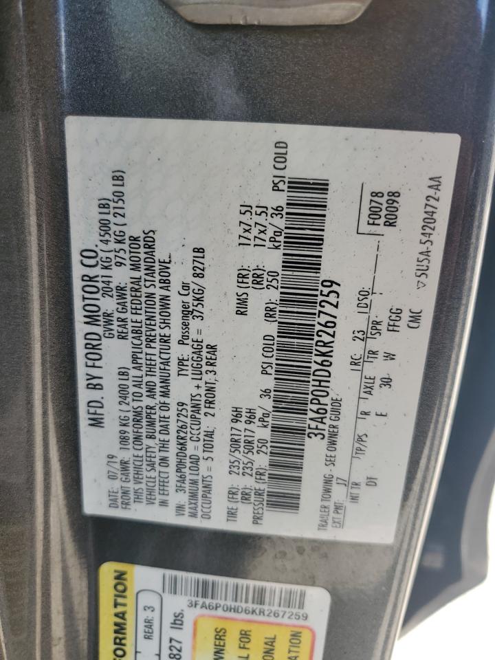 2019 Ford Fusion Se VIN: 3FA6P0HD6KR267259 Lot: 61581045