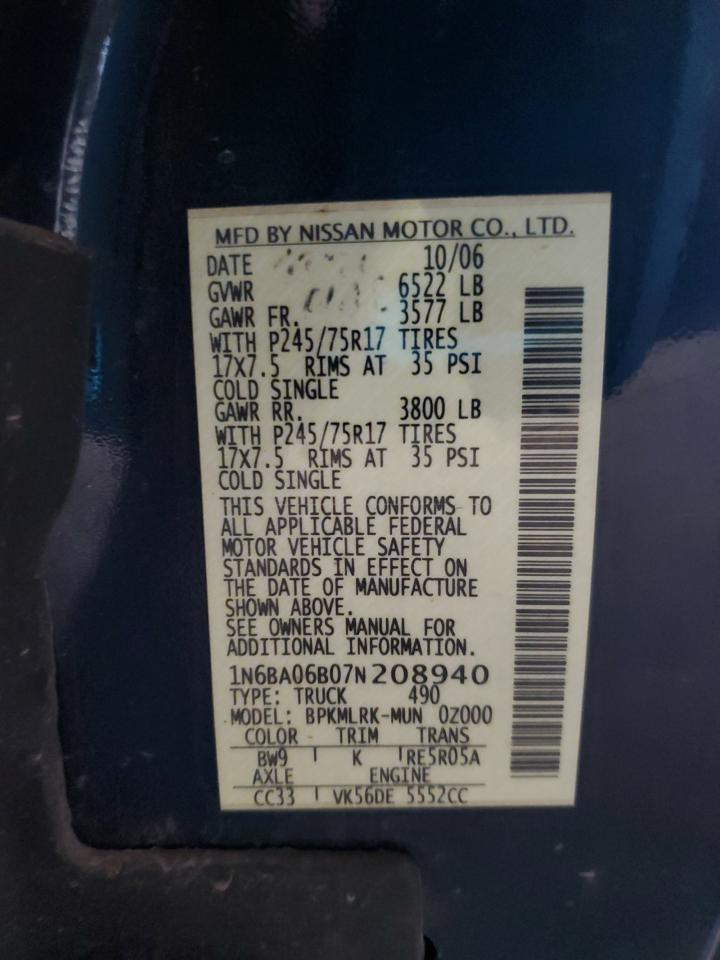 2007 Nissan Titan Xe VIN: 1N6BA06B07N208940 Lot: 62581235