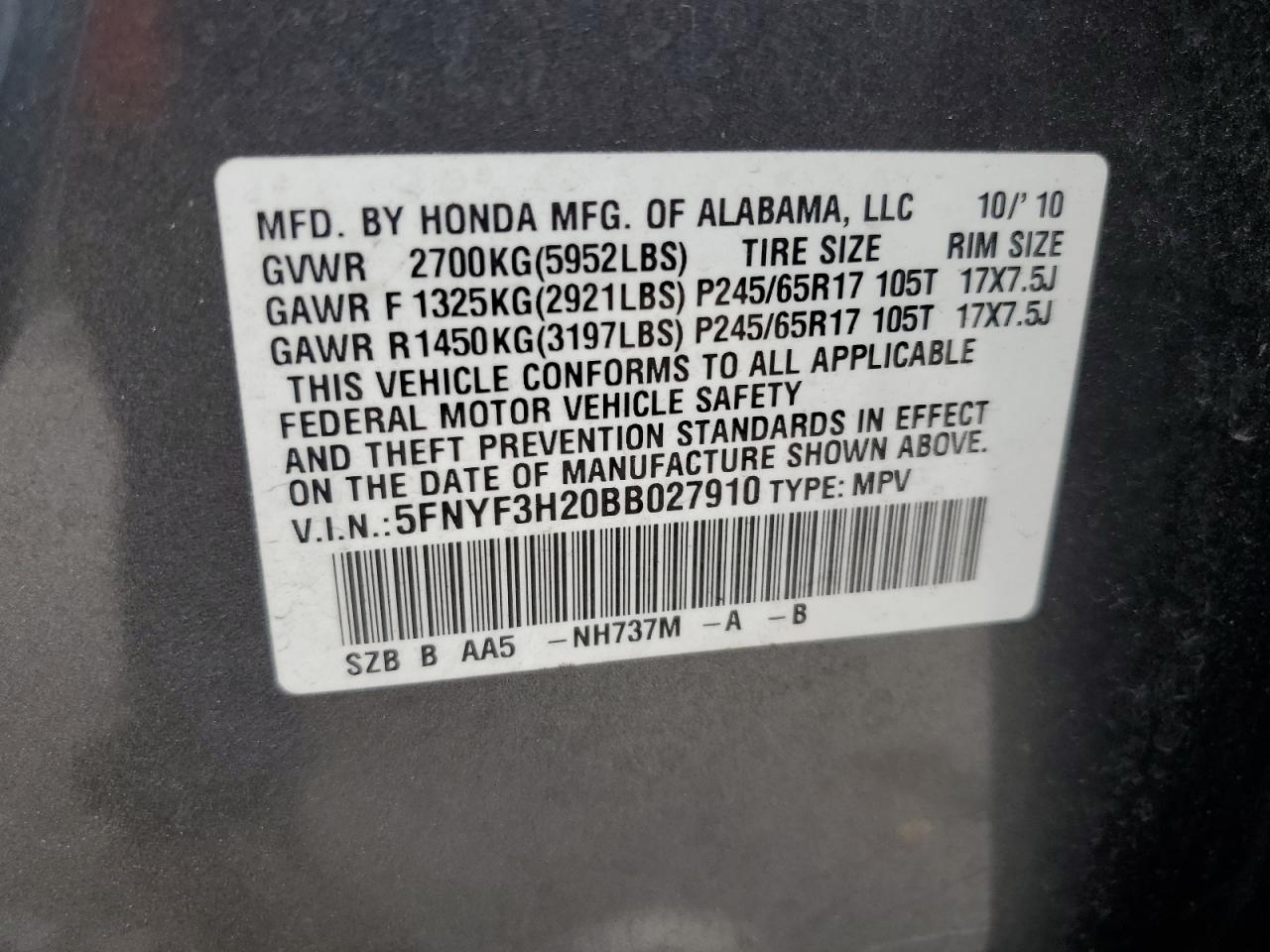 HONDA PILOT 2011 VIN 5FNYF3H20BB027910 zdjęcie 10