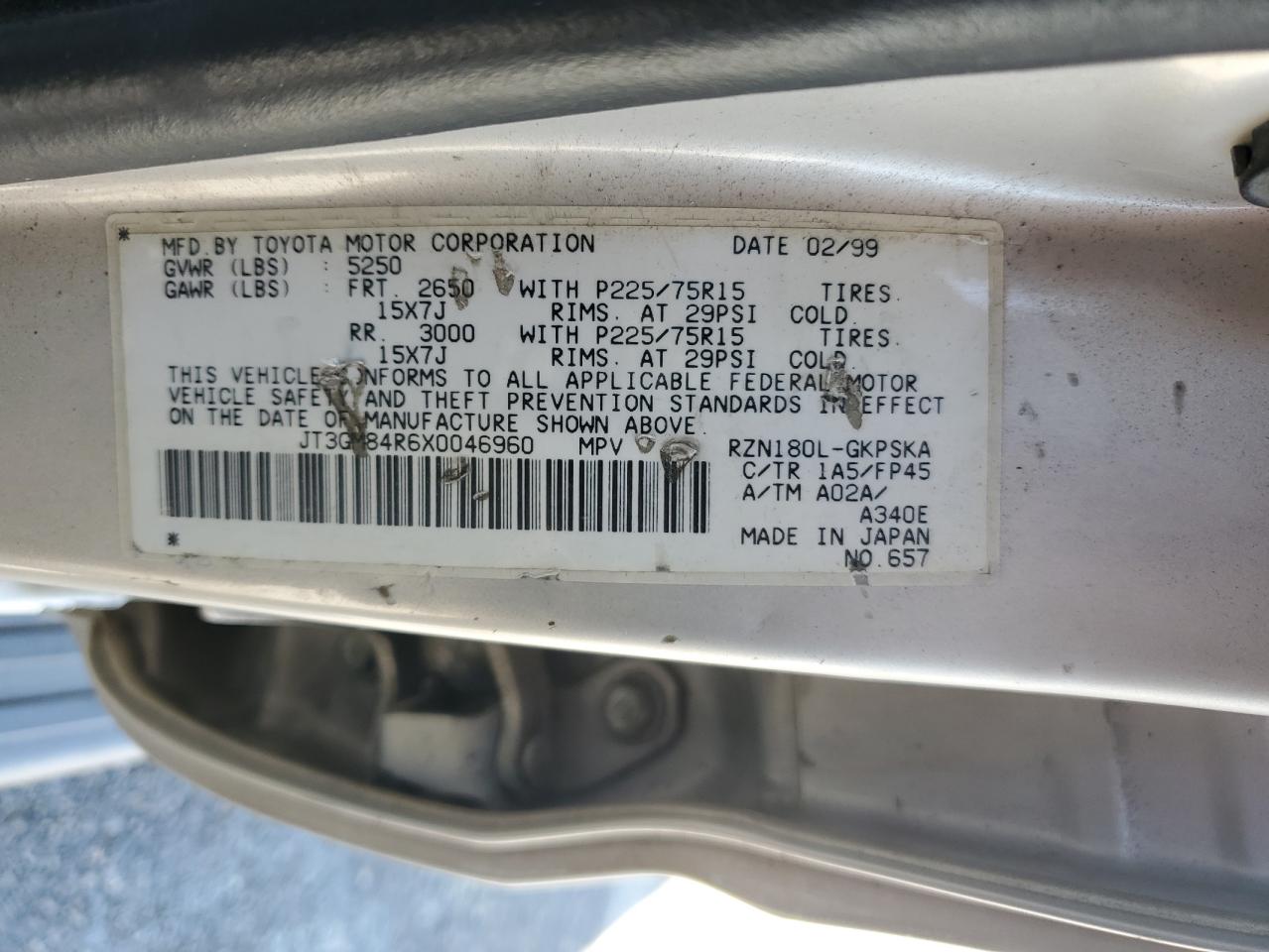 1999 Toyota 4Runner VIN: JT3GM84R6X0046960 Lot: 62813805