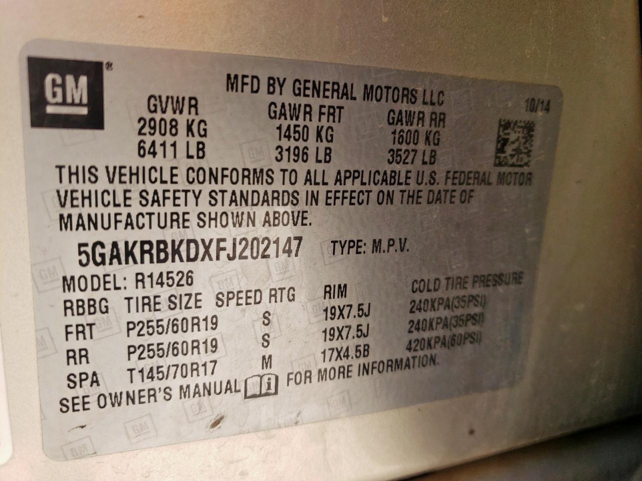 2015 Buick Enclave VIN: 5GAKRBKDXFJ202147 Lot: 58628685
