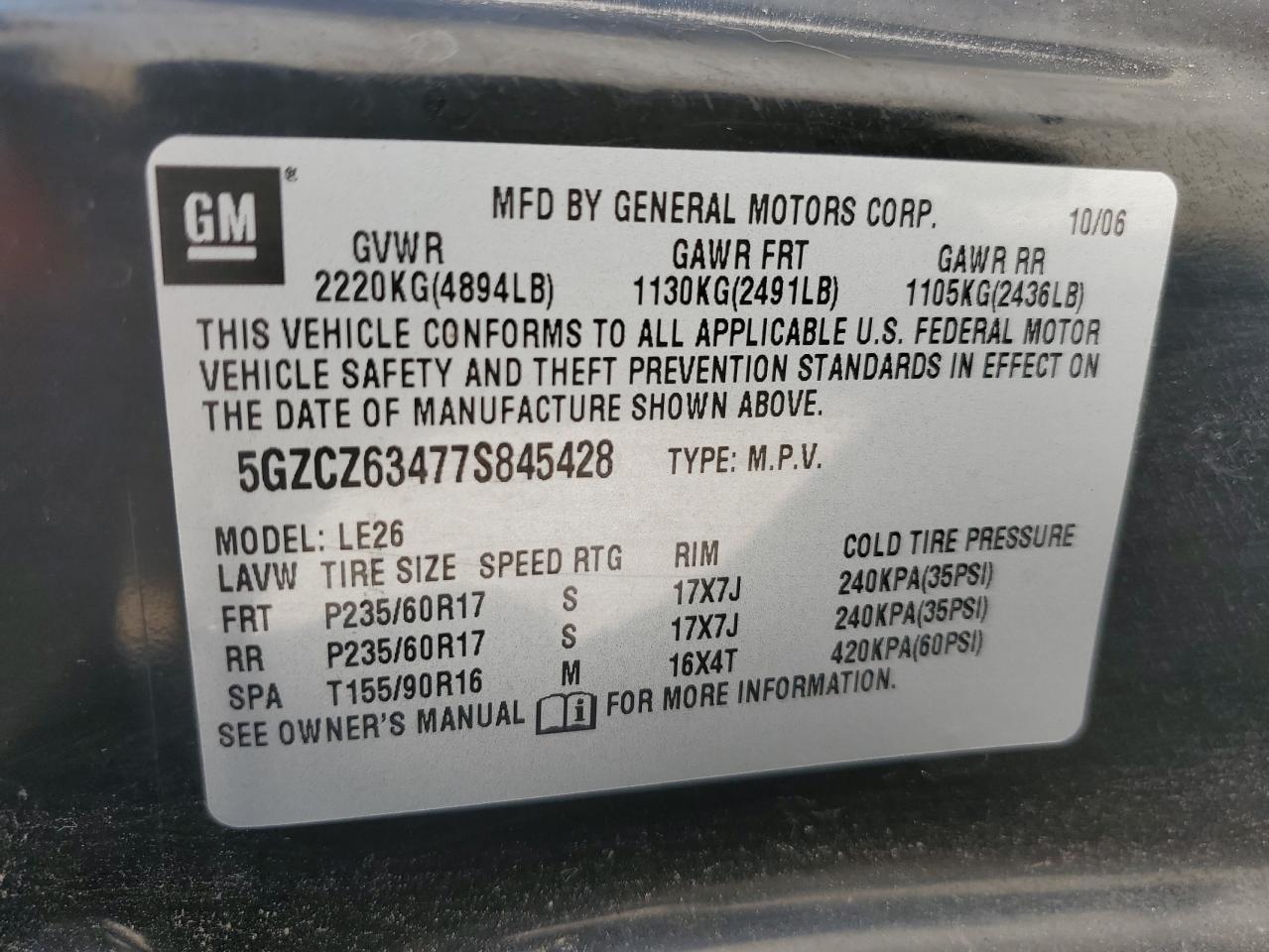 2007 Saturn Vue VIN: 5GZCZ63477S845428 Lot: 60168595