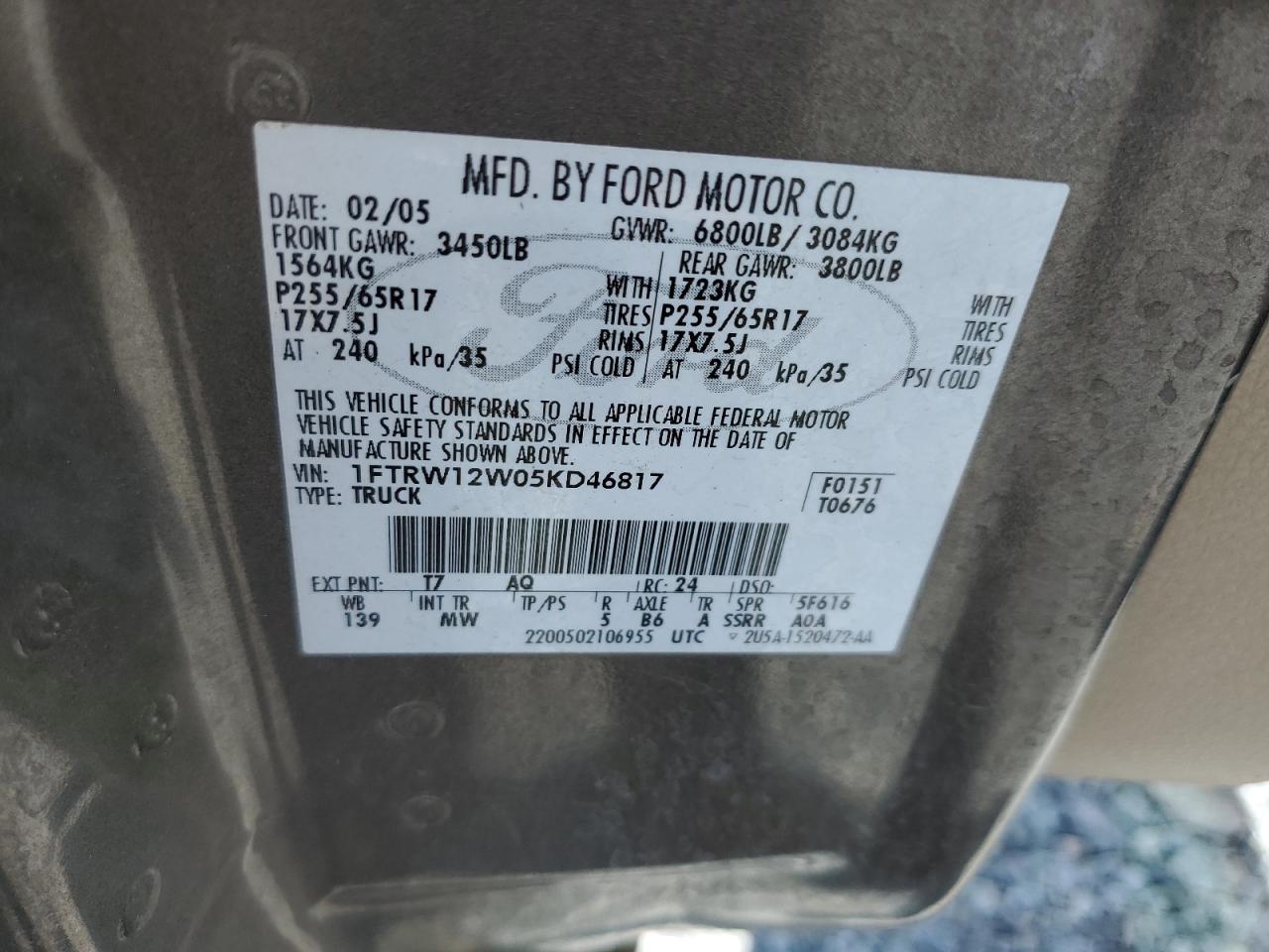 2005 Ford F150 Supercrew VIN: 1FTRW12W05KD46817 Lot: 60989615