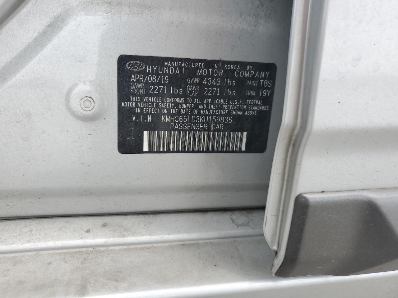 2019 Hyundai Ioniq VIN: KMHC65LD3KU159836 Lot: 59698095
