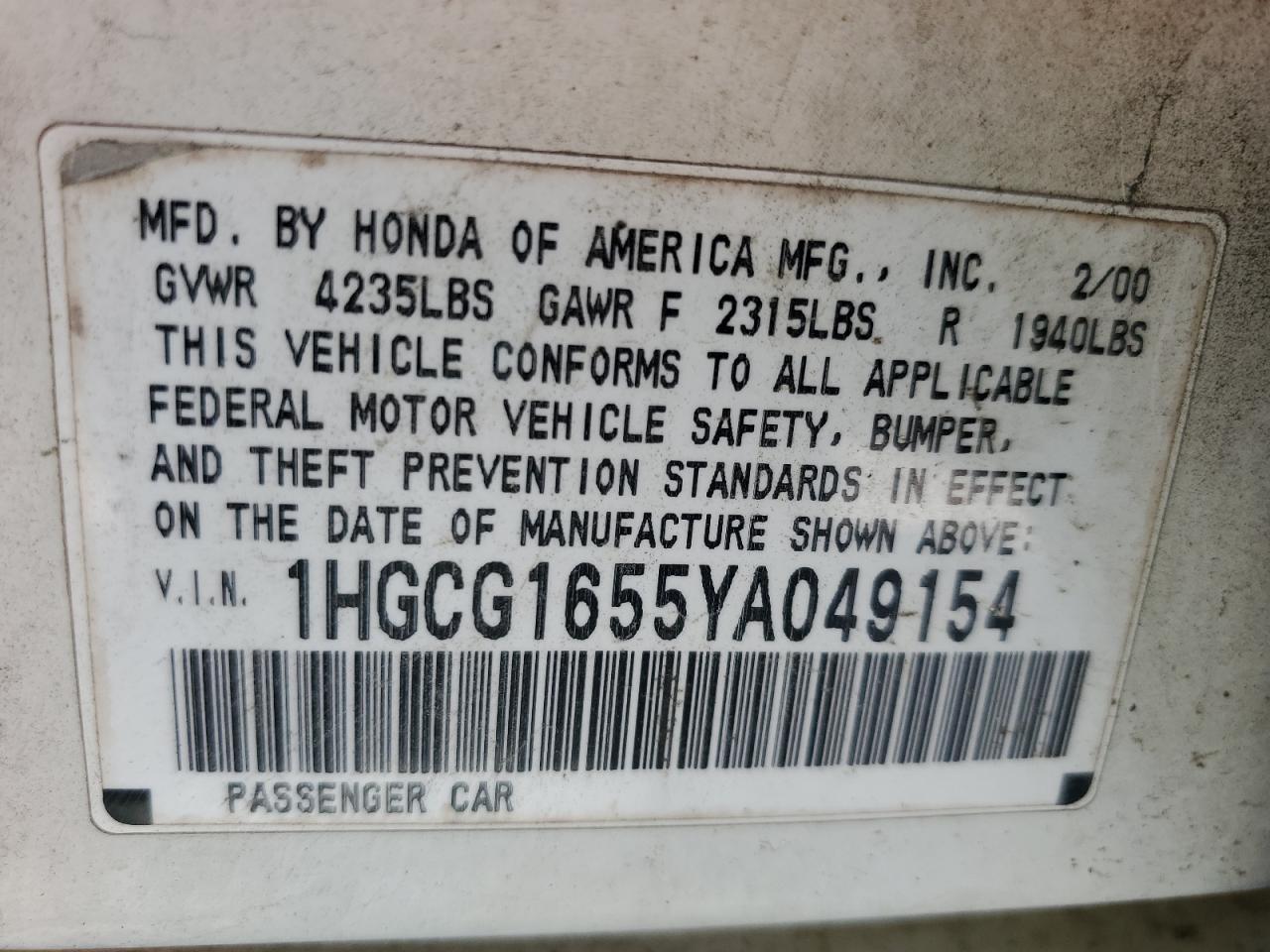 2000 Honda Accord Ex VIN: 1HGCG1655YA049154 Lot: 61077765