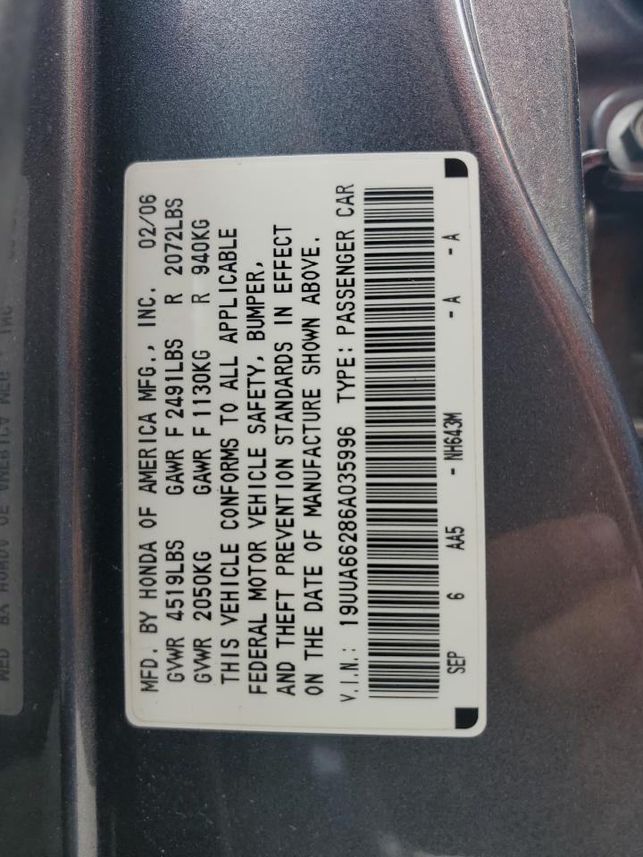 2006 Acura 3.2Tl VIN: 19UUA66286A035996 Lot: 59916245