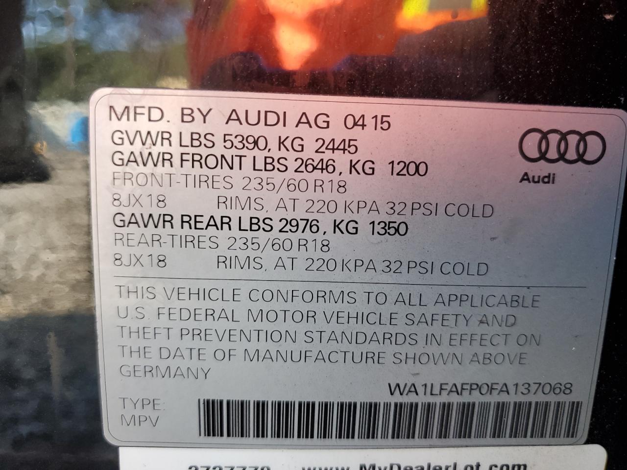 2015 Audi Q5 Premium Plus VIN: WA1LFAFP0FA137068 Lot: 62840725