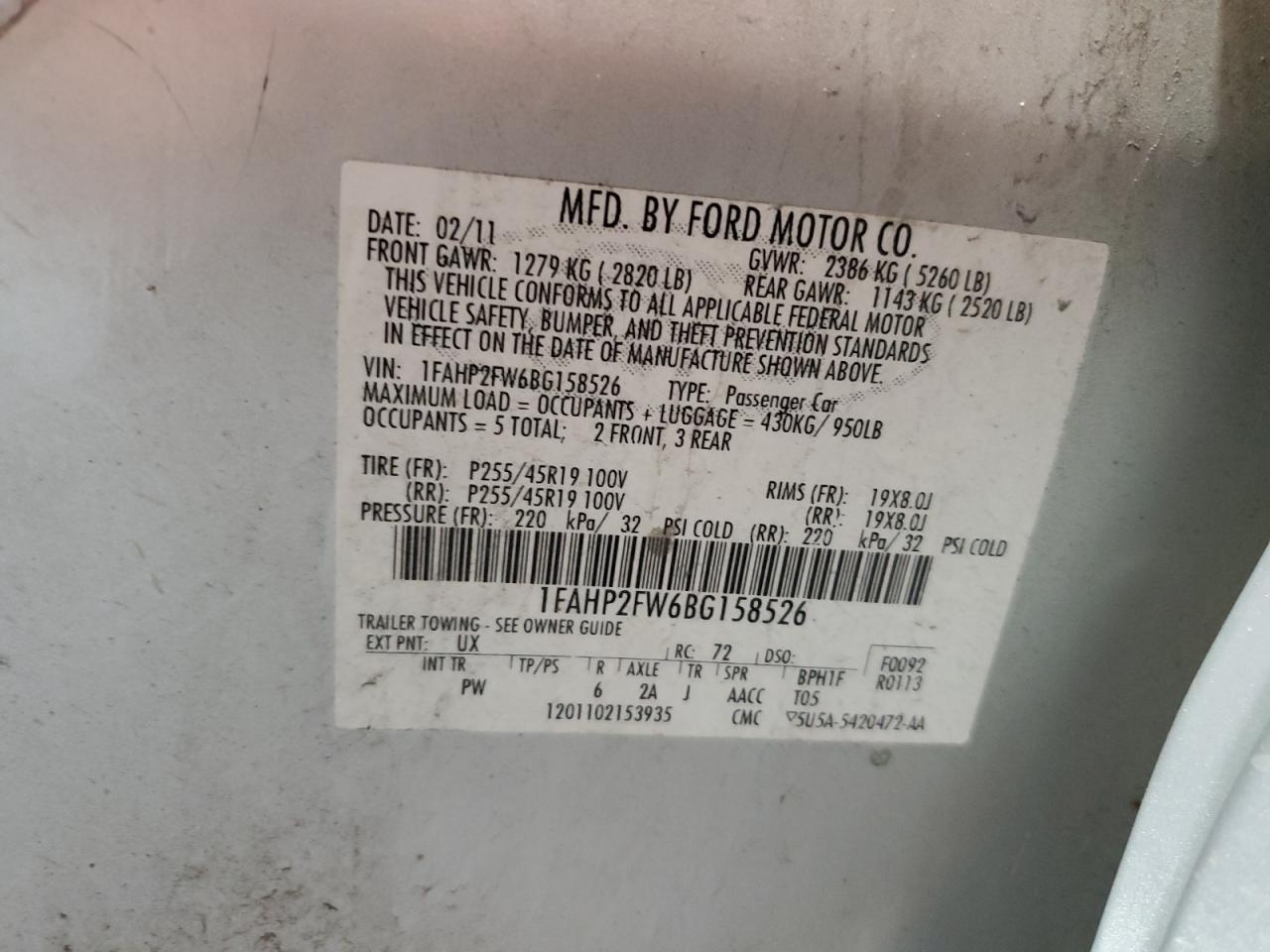 2011 Ford Taurus Limited VIN: 1FAHP2FW6BG158526 Lot: 59139955