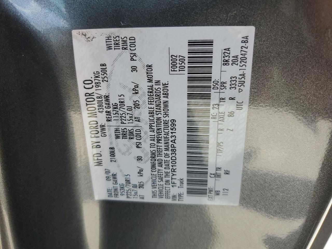 2008 Ford Ranger VIN: 1FTYR10D38PA31599 Lot: 62198835