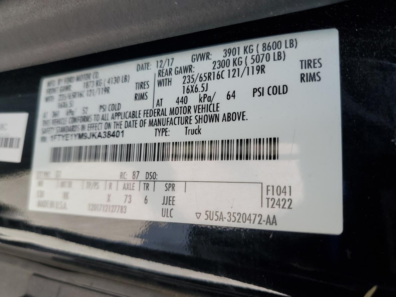 2018 Ford Transit T-150 VIN: 1FTYE1YM9JKA38401 Lot: 62013055