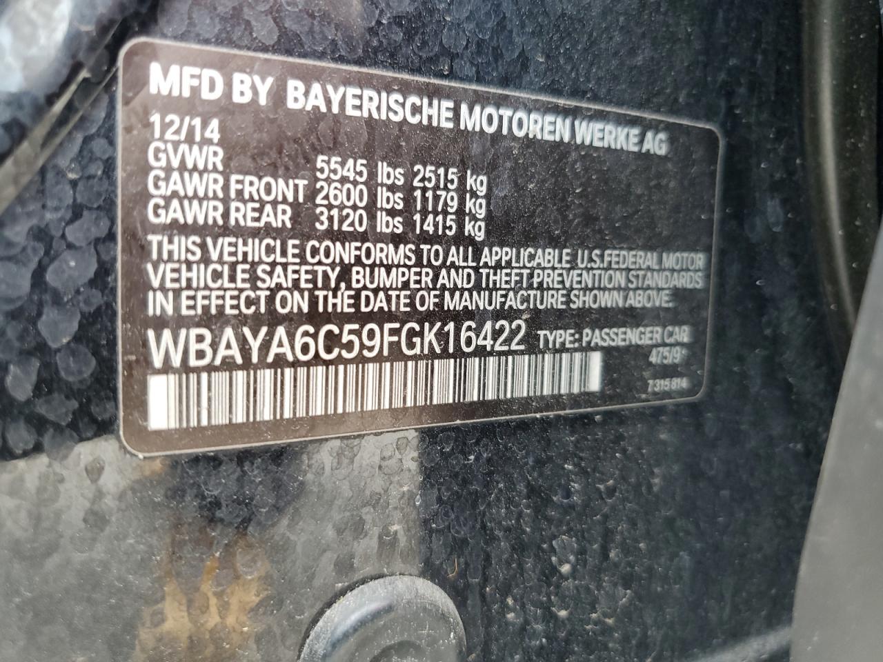 2015 BMW 740 I VIN: WBAYA6C59FGK16422 Lot: 62508495