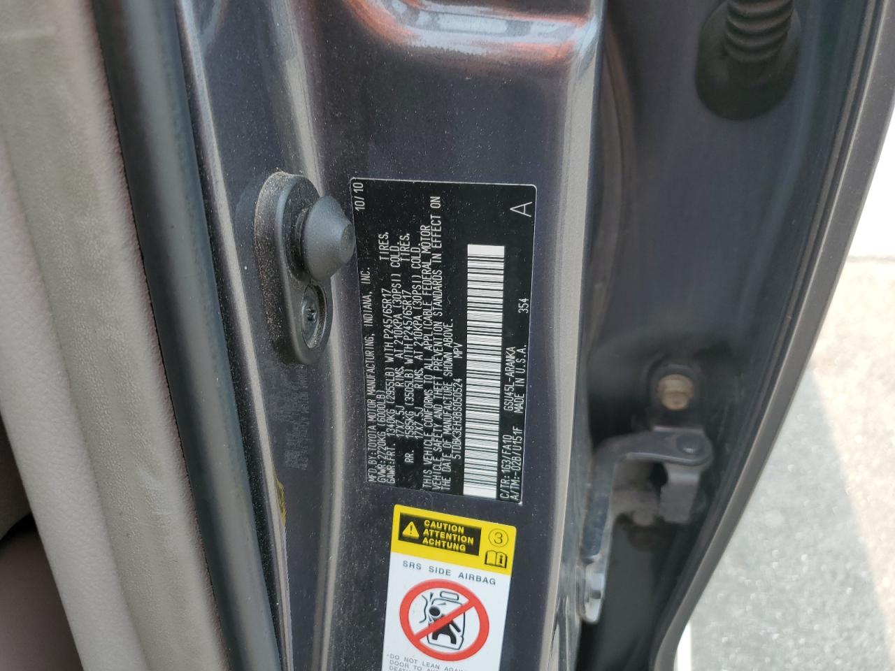 2011 Toyota Highlander Base VIN: 5TDBK3EH3BS050524 Lot: 58799385