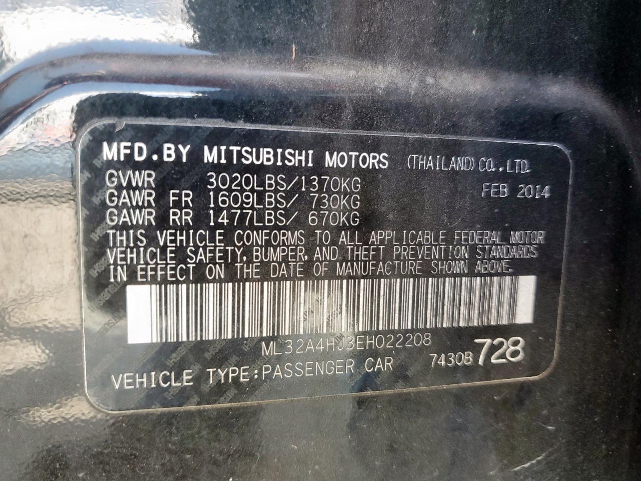 2014 Mitsubishi Mirage Es VIN: ML32A4HJ3EH022208 Lot: 61242475
