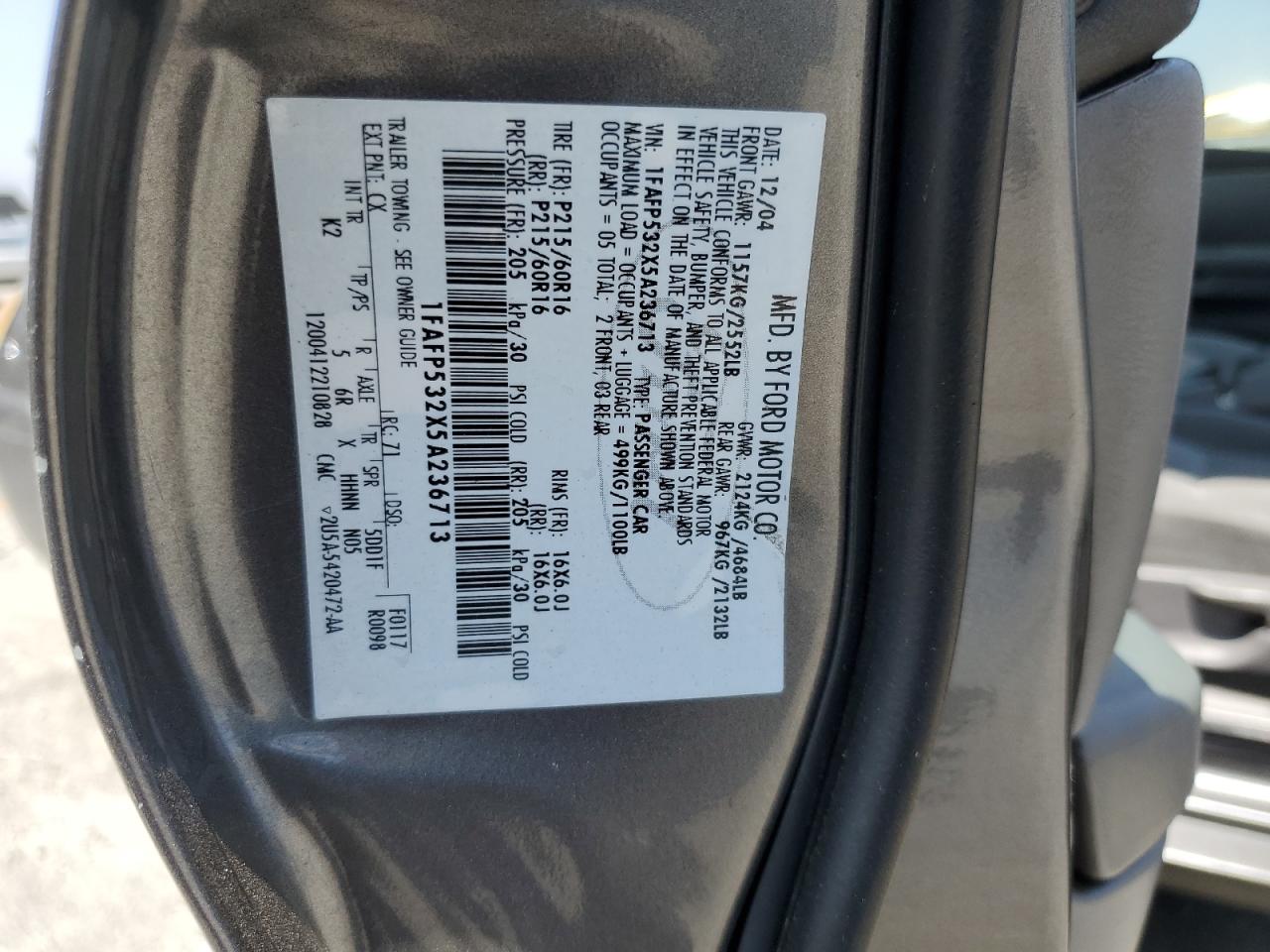 2005 Ford Taurus Se VIN: 1FAFP532X5A236713 Lot: 61955525