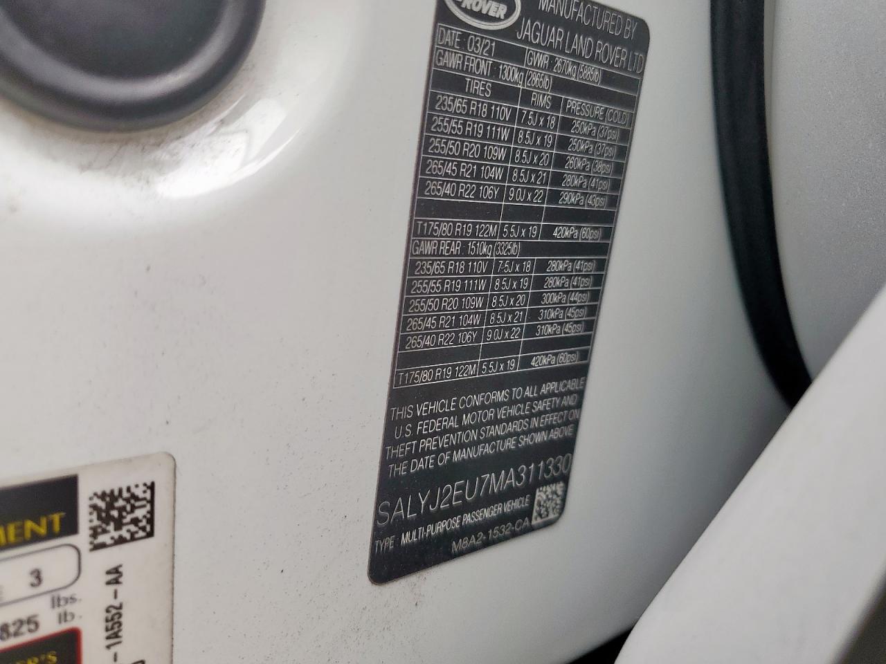 2021 Land Rover Range Rover Velar S VIN: SALYJ2EU7MA311330 Lot: 62770635