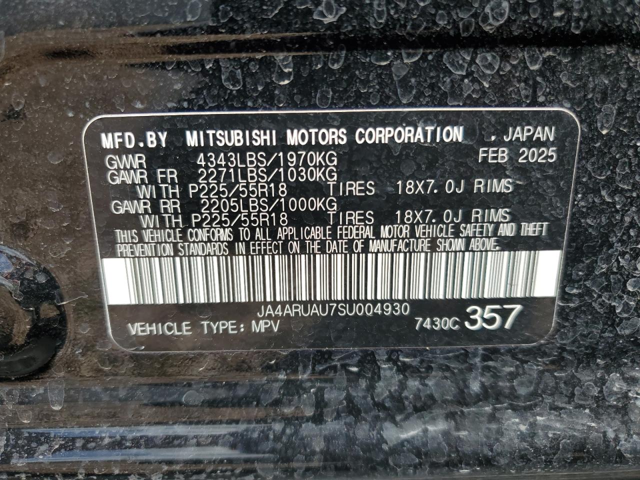 2025 Mitsubishi Outlander Sport S VIN: JA4ARUAU7SU004930 Lot: 62421875