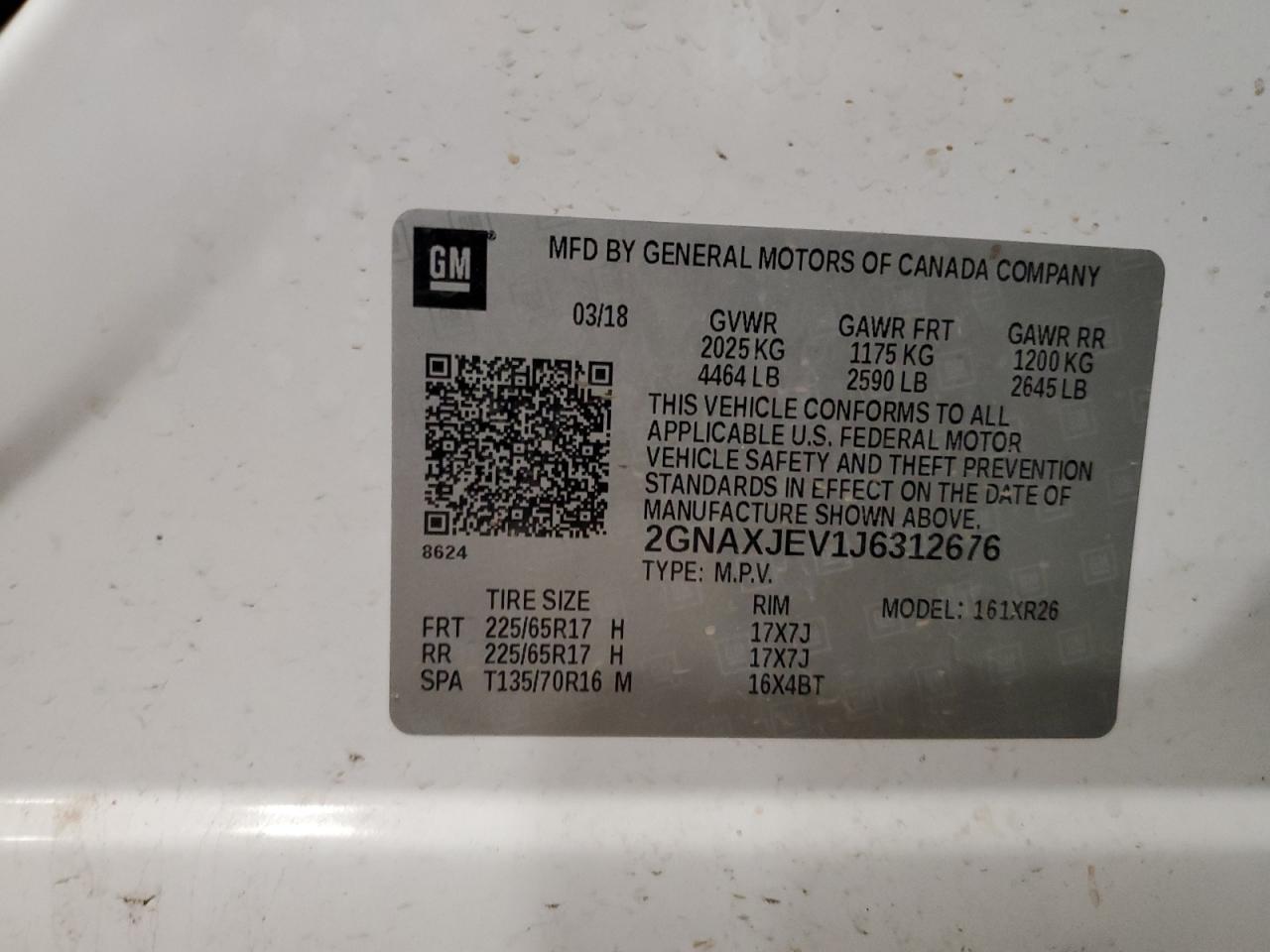2018 Chevrolet Equinox Lt VIN: 2GNAXJEV1J6312676 Lot: 62719635