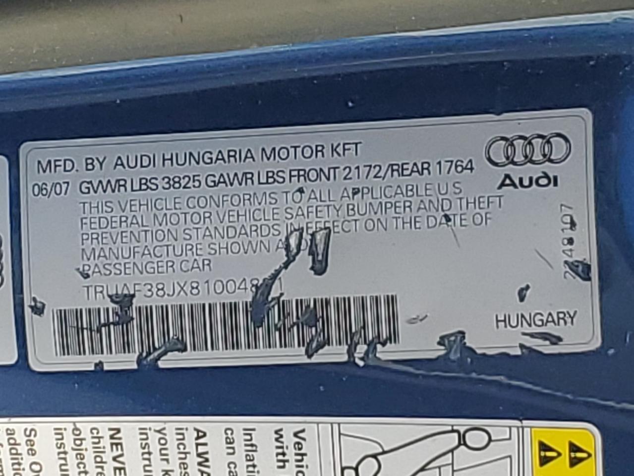 2008 Audi Tt 2.0T VIN: TRUAF38JX81004831 Lot: 59985915